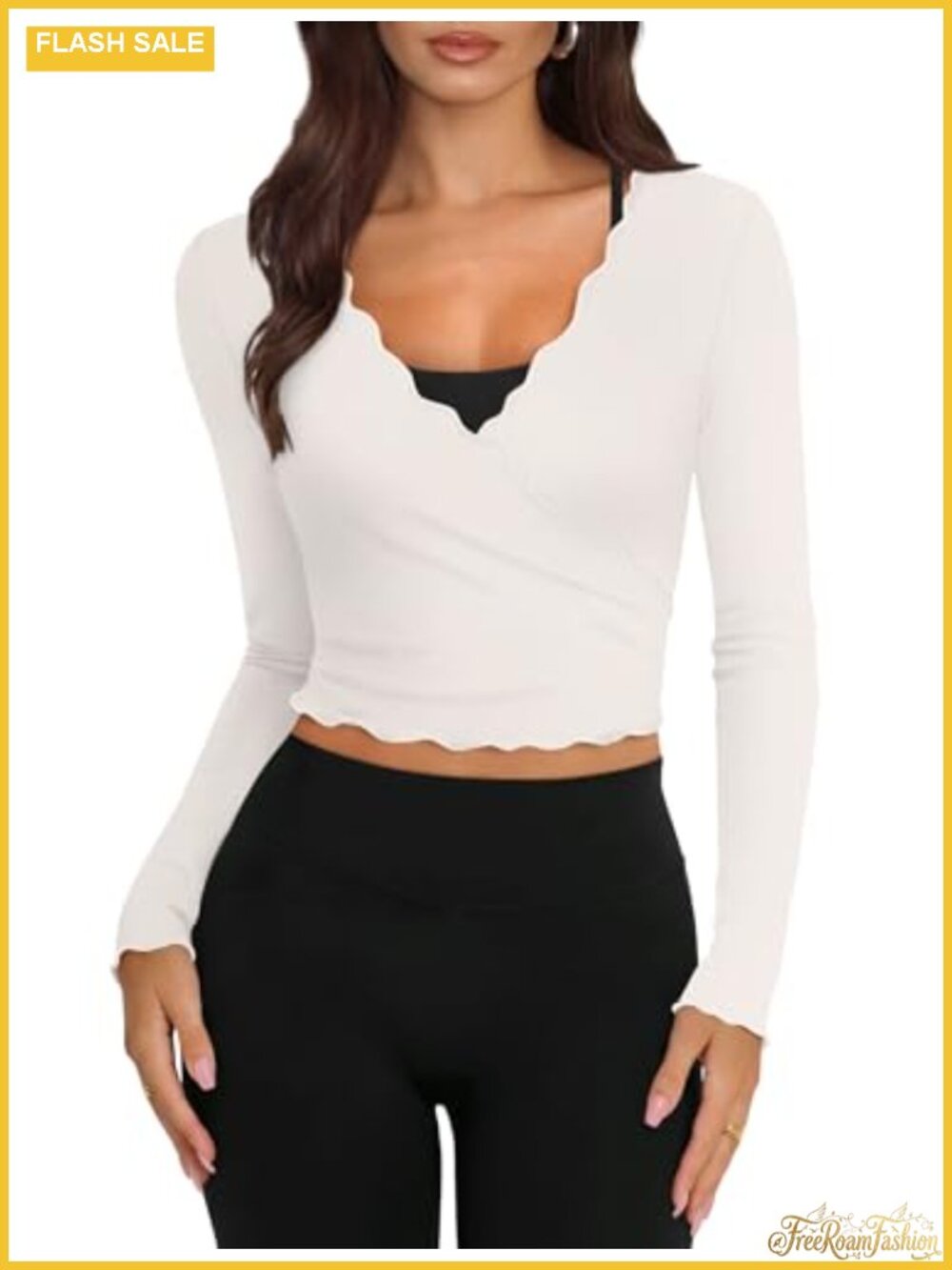 Women's Long Sleeve Wrap Workout Top with Ruffle Trim, Adjustable Self-Tie,